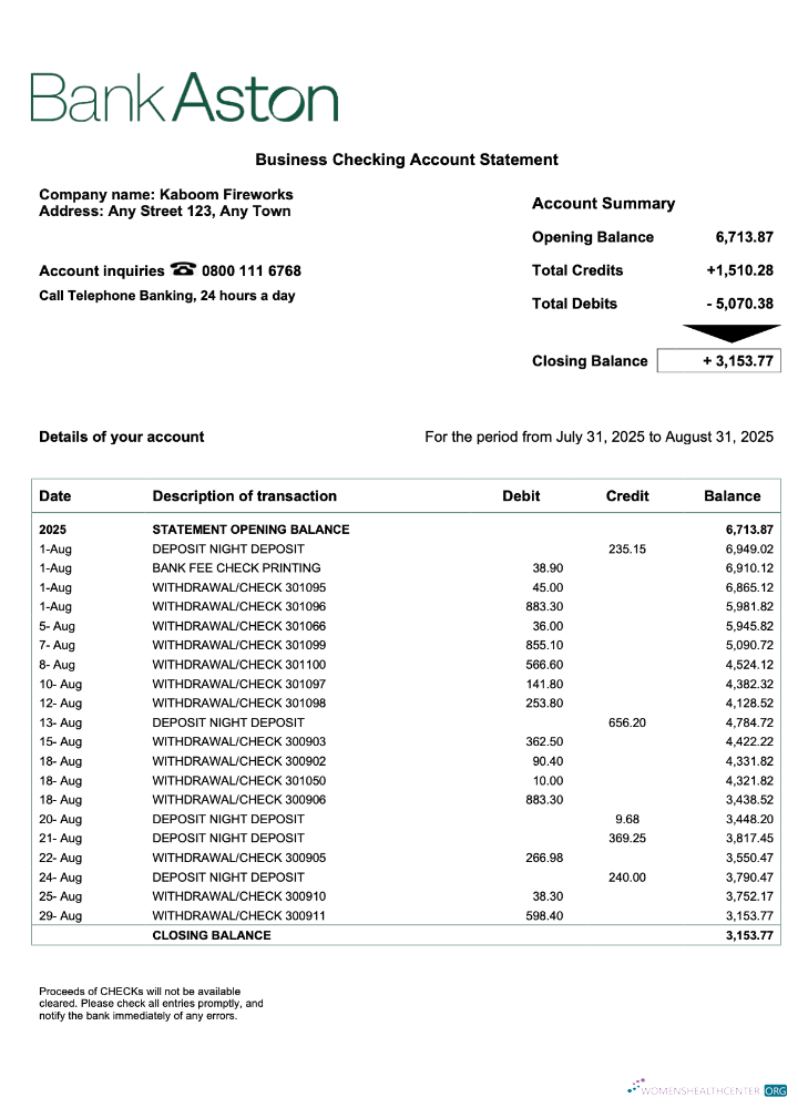 United Kingdom Bank of Aston corporate account statement Word and PDF template